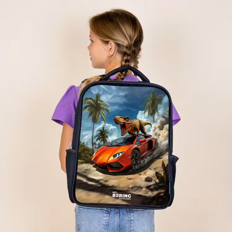 Kids backpack - Black - Red sports car with dino races through tropical beach — 4