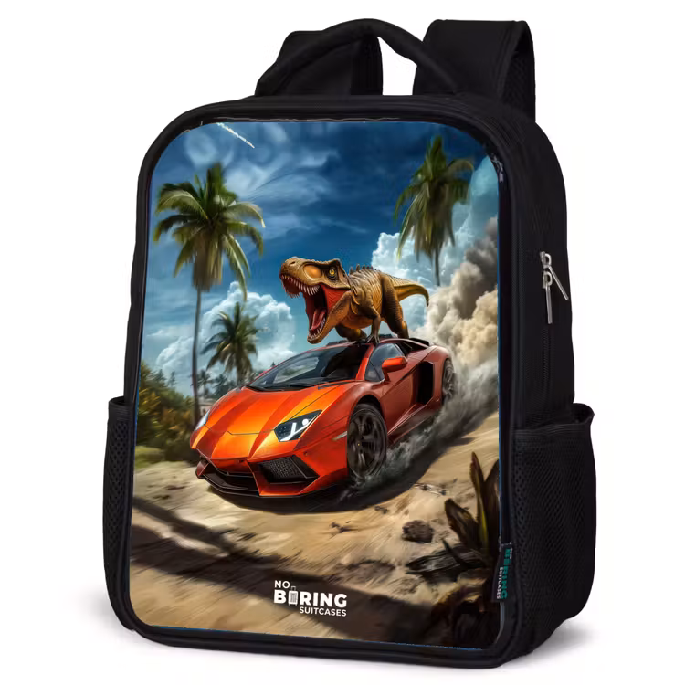 Kids backpack - Black - Red sports car with dino races through tropical beach — 6