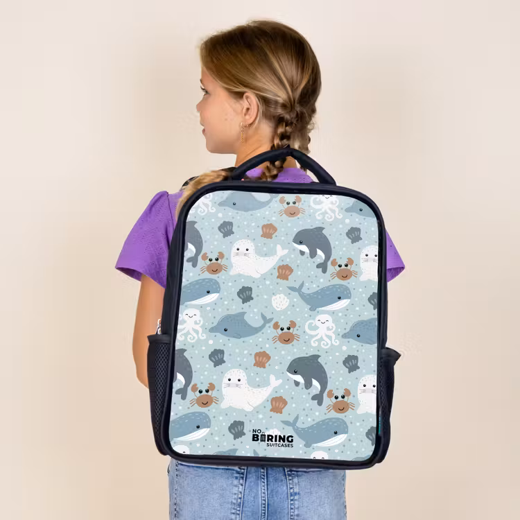 Kids backpack - Black - Sea animal pattern with dolphins, seals and crabs — 4