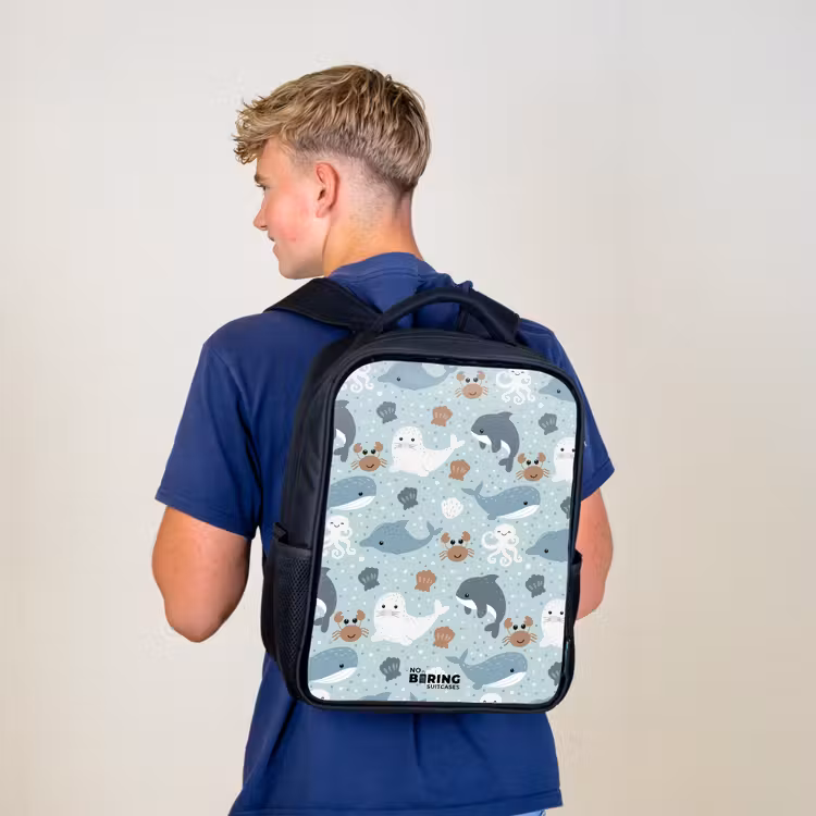Kids backpack - Black - Sea animal pattern with dolphins, seals and crabs — 5