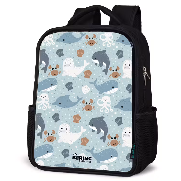 Kids backpack - Black - Sea animal pattern with dolphins, seals and crabs — 6