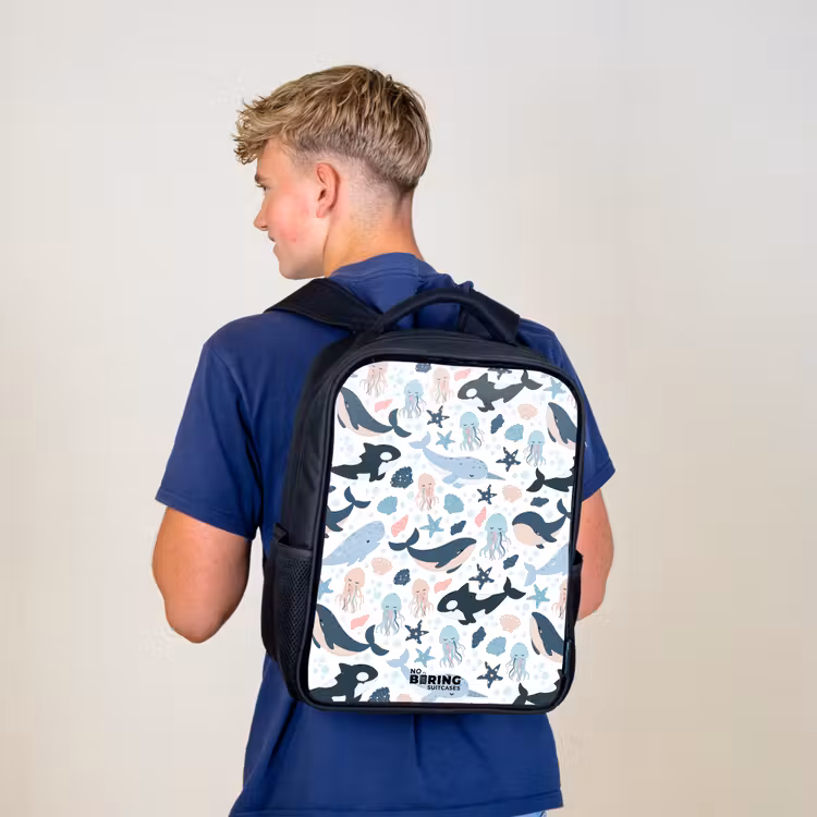 Kids backpack - Black - Sea animal pattern with whales, jellyfish and orcas — 5