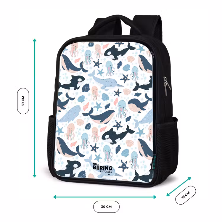 Kids backpack - Black - Sea animal pattern with whales, jellyfish and orcas — 8