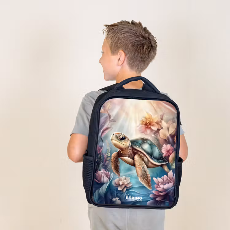 Kids backpack - Black - Sea turtle among flowers underwater — 2