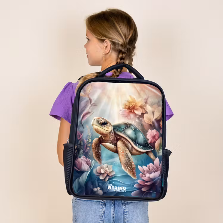 Kids backpack - Black - Sea turtle among flowers underwater — 4