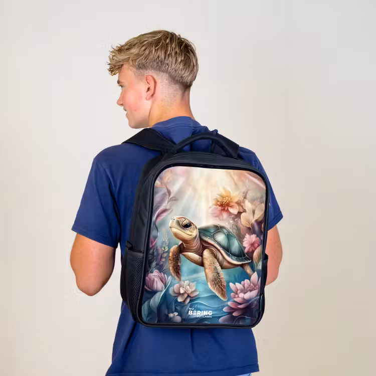 Kids backpack - Black - Sea turtle among flowers underwater — 5