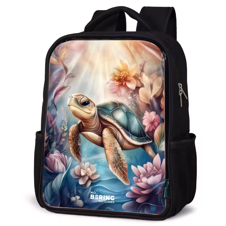 Kids backpack - Black - Sea turtle among flowers underwater — 6