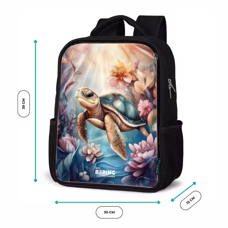 Kids backpack - Black - Sea turtle among flowers underwater — 8