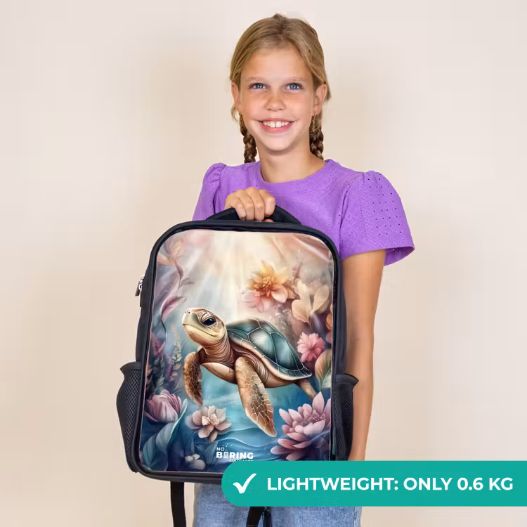 Kids backpack - Black - Sea turtle among flowers underwater — 9