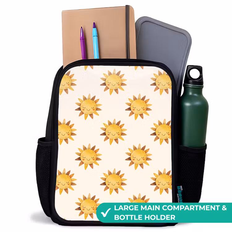 Kids backpack - Black - Smiling suns as a pattern on beige background — 10