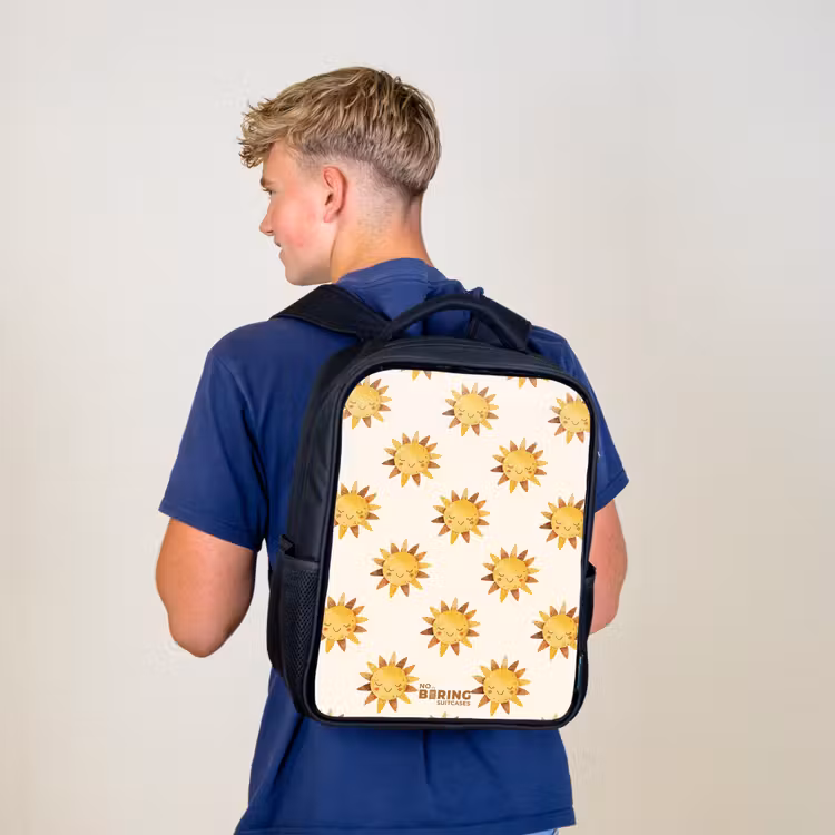 Kids backpack - Black - Smiling suns as a pattern on beige background — 5