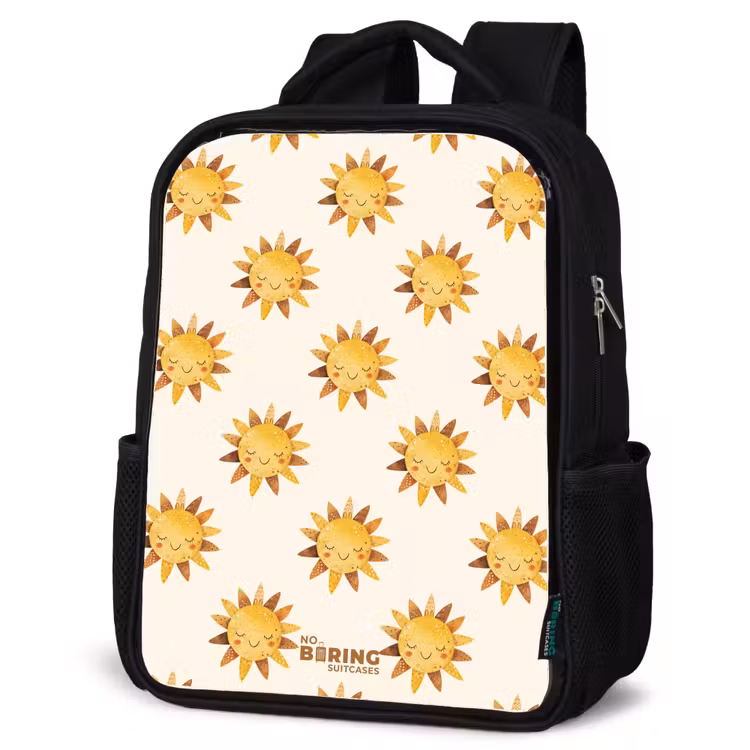 Kids backpack - Black - Smiling suns as a pattern on beige background — 6