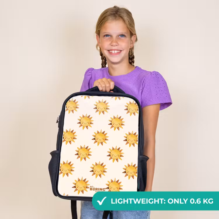 Kids backpack - Black - Smiling suns as a pattern on beige background — 9