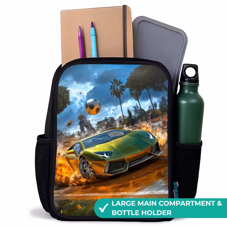 Kids backpack - Black - Sports car crashes through soccer field with ball — 10