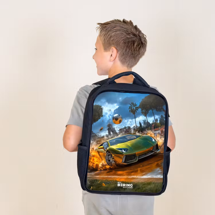 Kids backpack - Black - Sports car crashes through soccer field with ball — 2