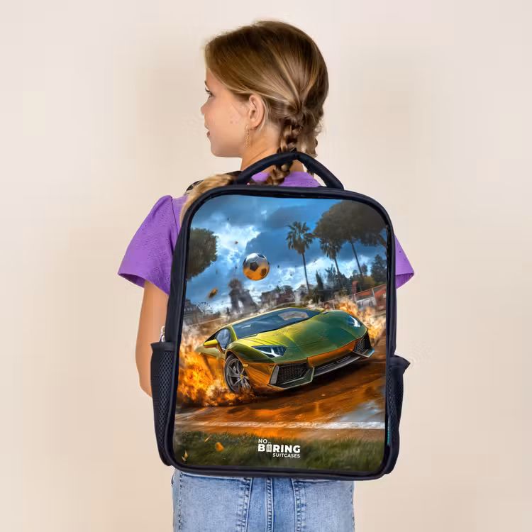 Kids backpack - Black - Sports car crashes through soccer field with ball — 4