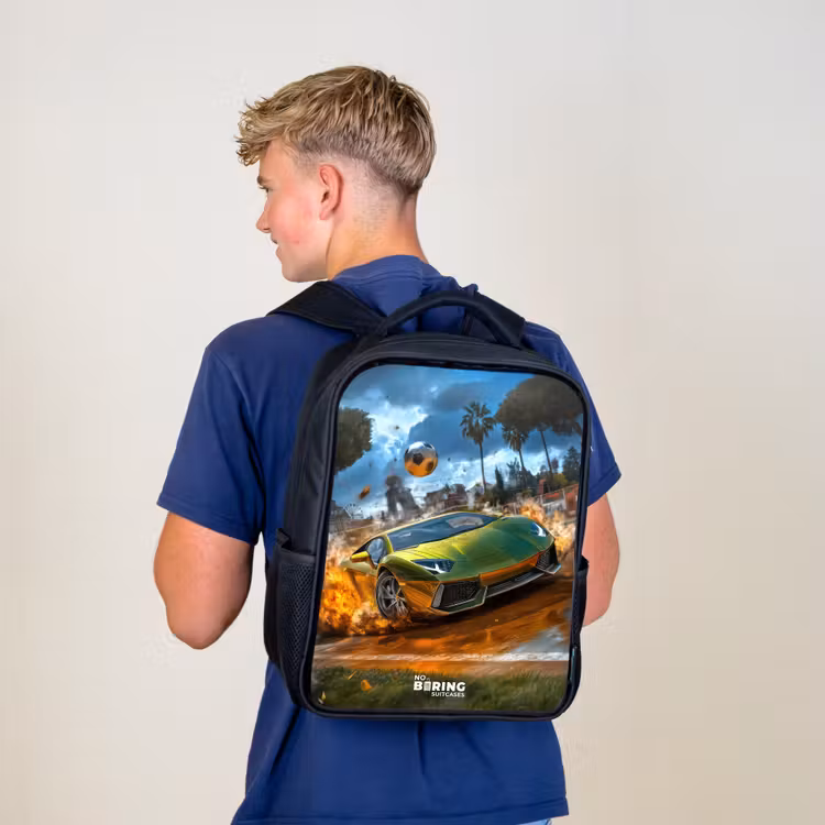 Kids backpack - Black - Sports car crashes through soccer field with ball — 5