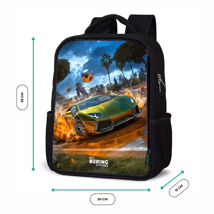 Kids backpack - Black - Sports car crashes through soccer field with ball — 8