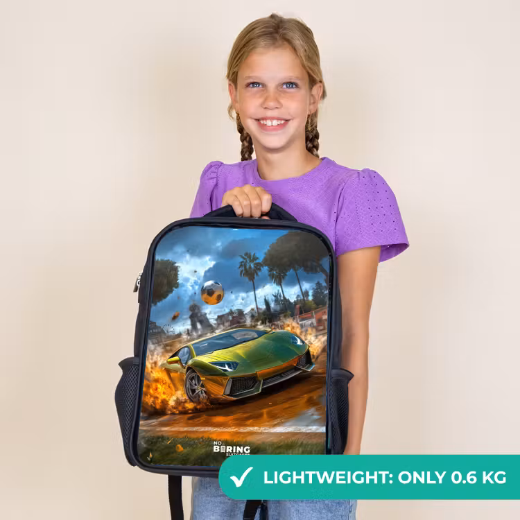 Kids backpack - Black - Sports car crashes through soccer field with ball — 9