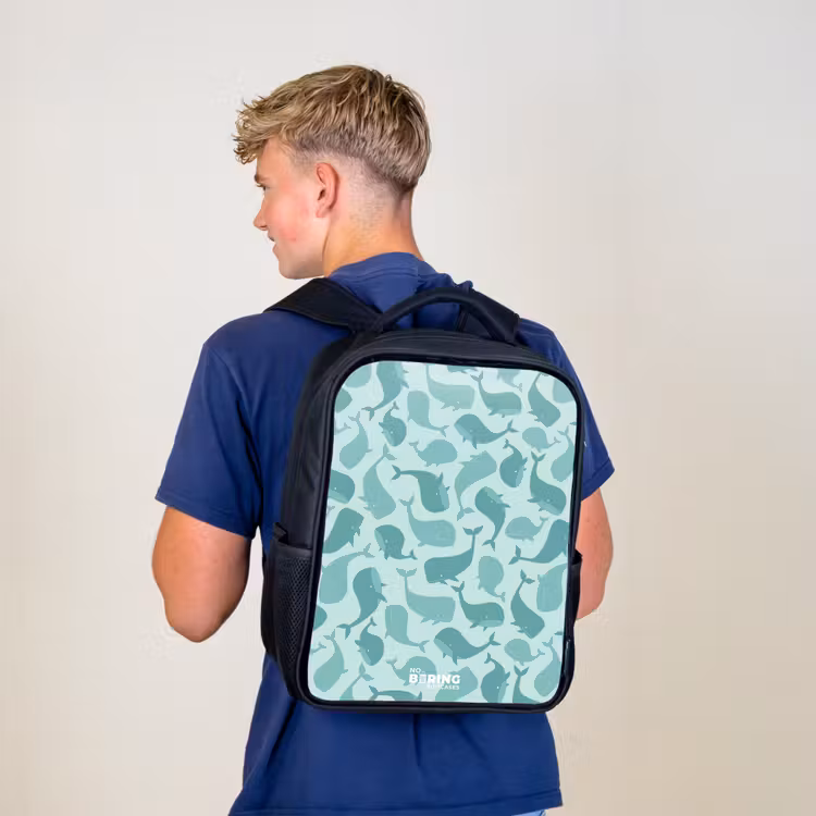 Kids backpack - Black - Stylized whales in tonal sea green hues — 5