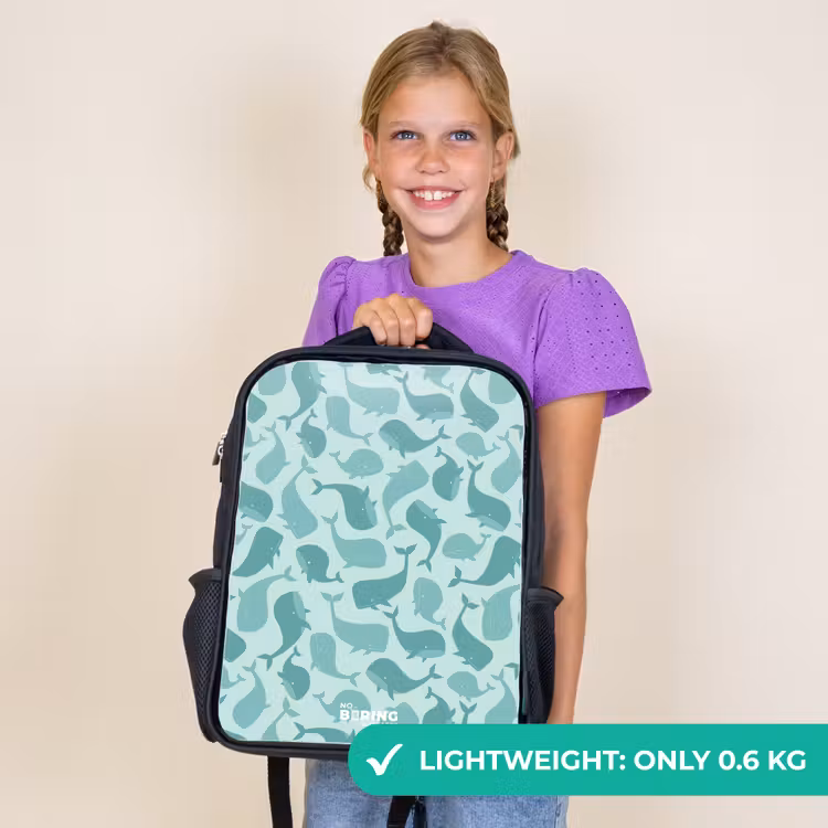 Kids backpack - Black - Stylized whales in tonal sea green hues — 9