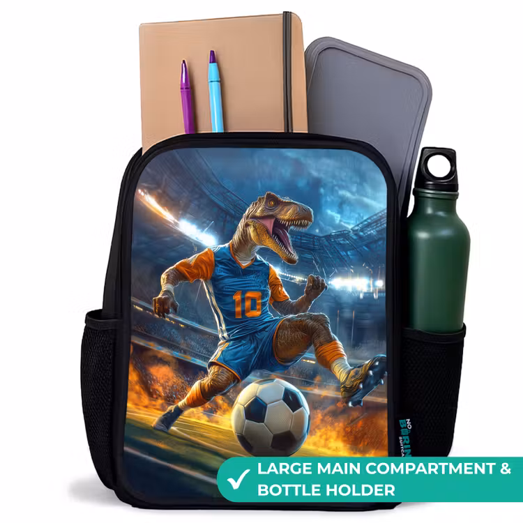 Kids backpack - Black - T-Rex as soccer player in full stadium — 10