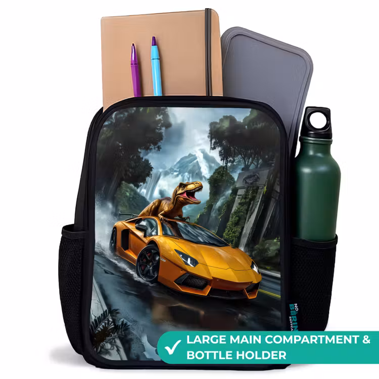 Kids backpack - Black - T-Rex on orange sports car in rainy forest — 10