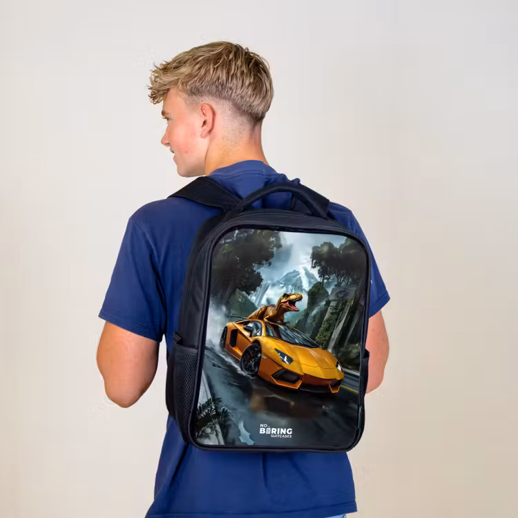 Kids backpack - Black - T-Rex on orange sports car in rainy forest — 5