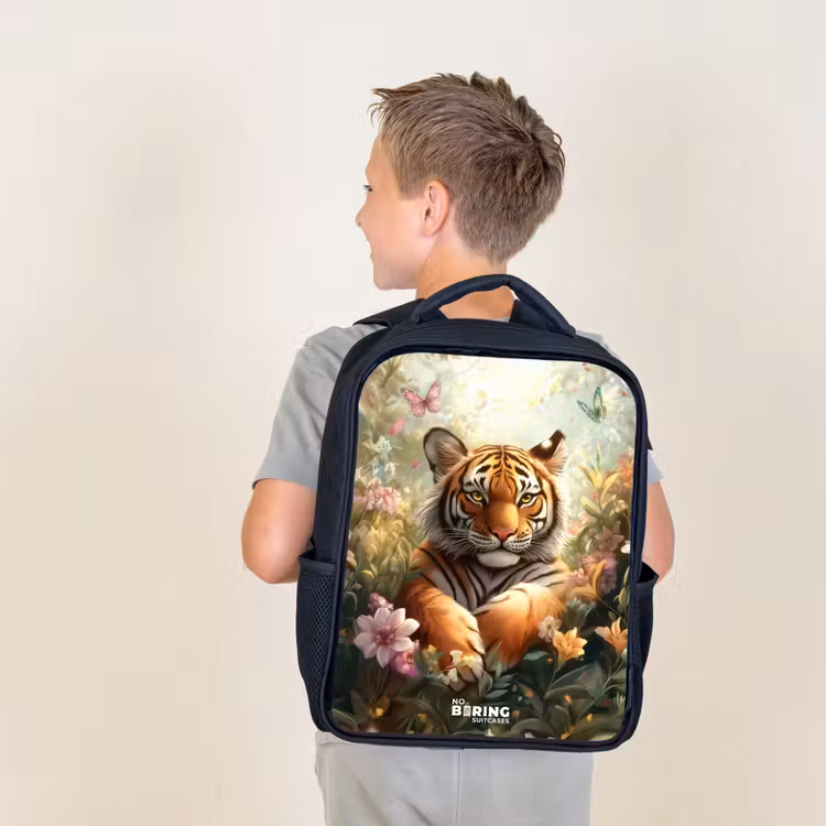 Kids backpack - Black - Tiger in field of flowers with butterflies and sunlight — 2