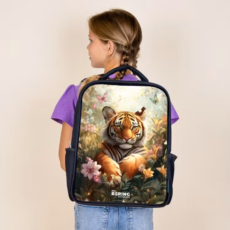 Kids backpack - Black - Tiger in field of flowers with butterflies and sunlight — 4