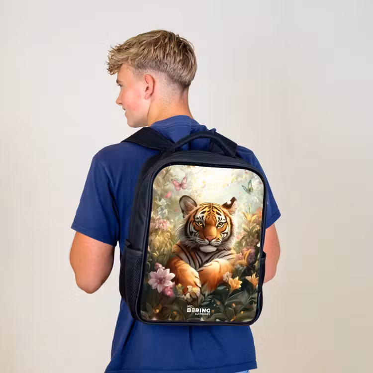 Kids backpack - Black - Tiger in field of flowers with butterflies and sunlight — 5