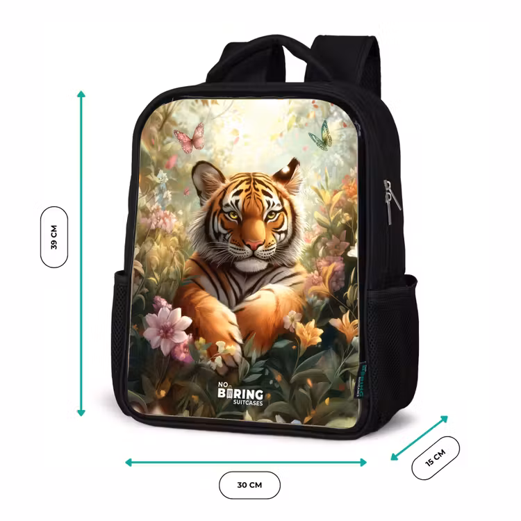 Kids backpack - Black - Tiger in field of flowers with butterflies and sunlight — 8