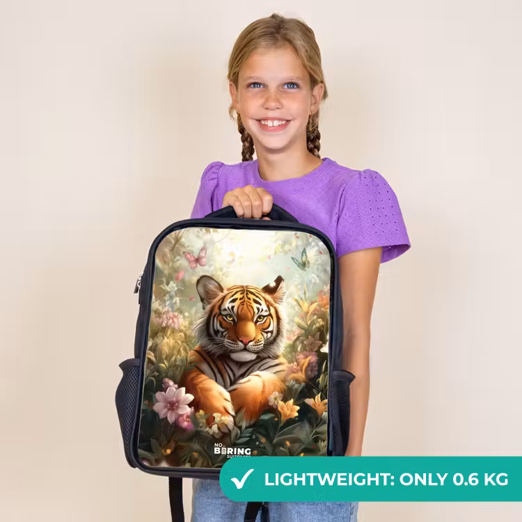 Kids backpack - Black - Tiger in field of flowers with butterflies and sunlight — 9