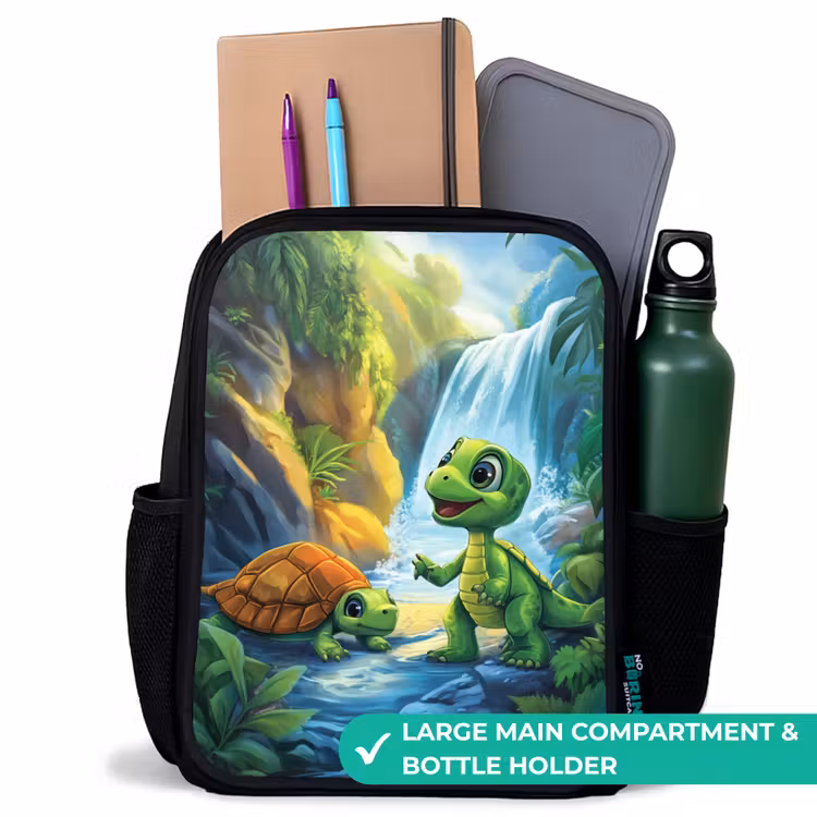 Kids backpack - Black - Turtle and dino at waterfall in tropical forest — 10