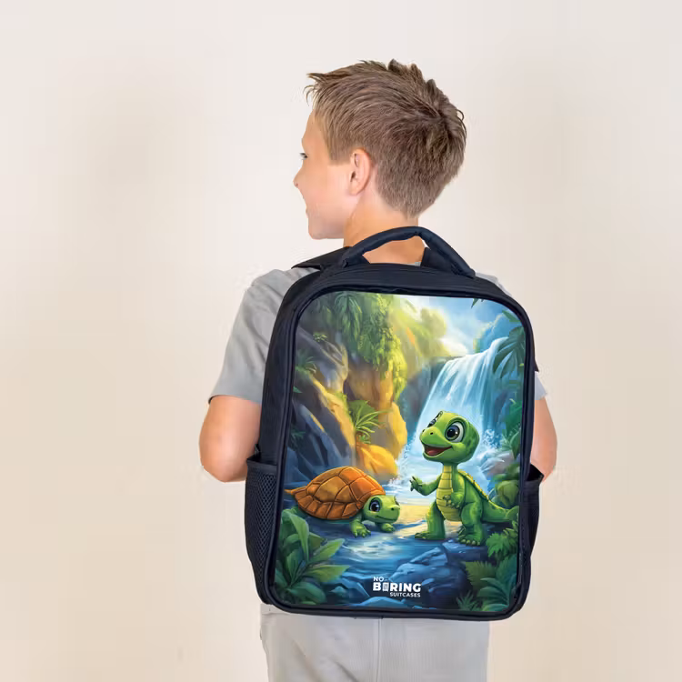 Kids backpack - Black - Turtle and dino at waterfall in tropical forest — 2