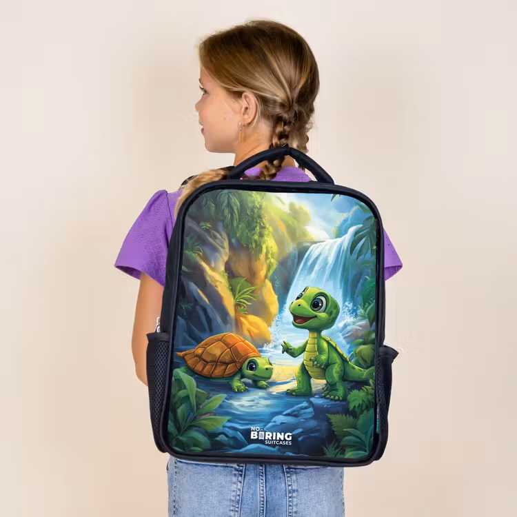 Kids backpack - Black - Turtle and dino at waterfall in tropical forest — 4