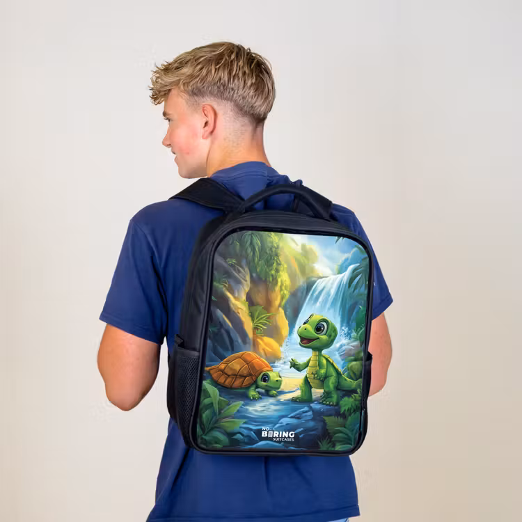 Kids backpack - Black - Turtle and dino at waterfall in tropical forest — 5