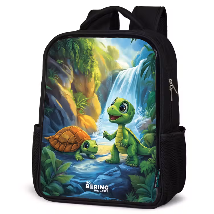 Kids backpack - Black - Turtle and dino at waterfall in tropical forest — 6
