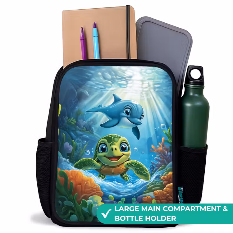 Kids backpack - Black - Turtle and dolphin in blue ocean — 10