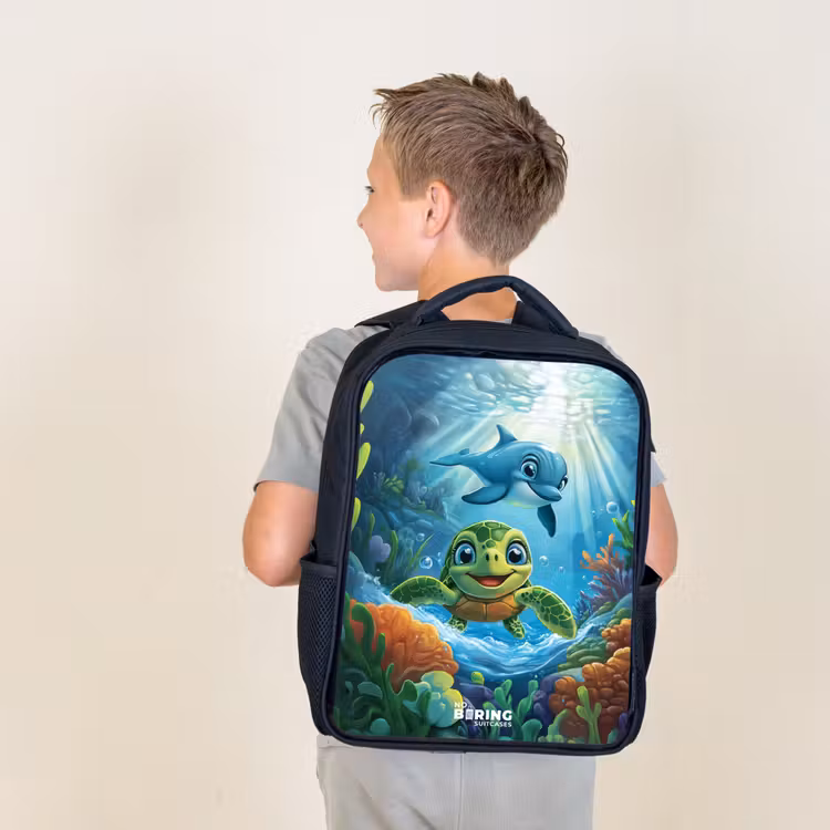Kids backpack - Black - Turtle and dolphin in blue ocean — 2