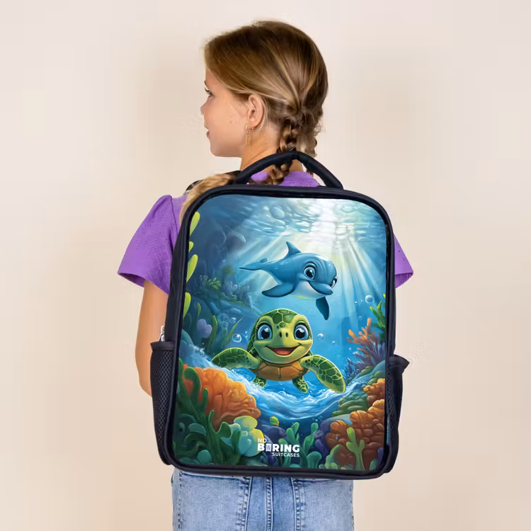 Kids backpack - Black - Turtle and dolphin in blue ocean — 4