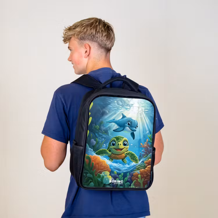 Kids backpack - Black - Turtle and dolphin in blue ocean — 5