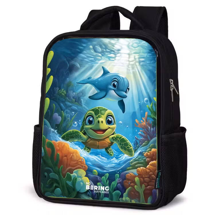 Kids backpack - Black - Turtle and dolphin in blue ocean — 6