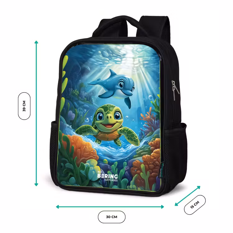 Kids backpack - Black - Turtle and dolphin in blue ocean — 8
