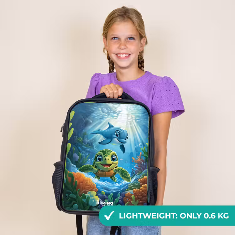 Kids backpack - Black - Turtle and dolphin in blue ocean — 9