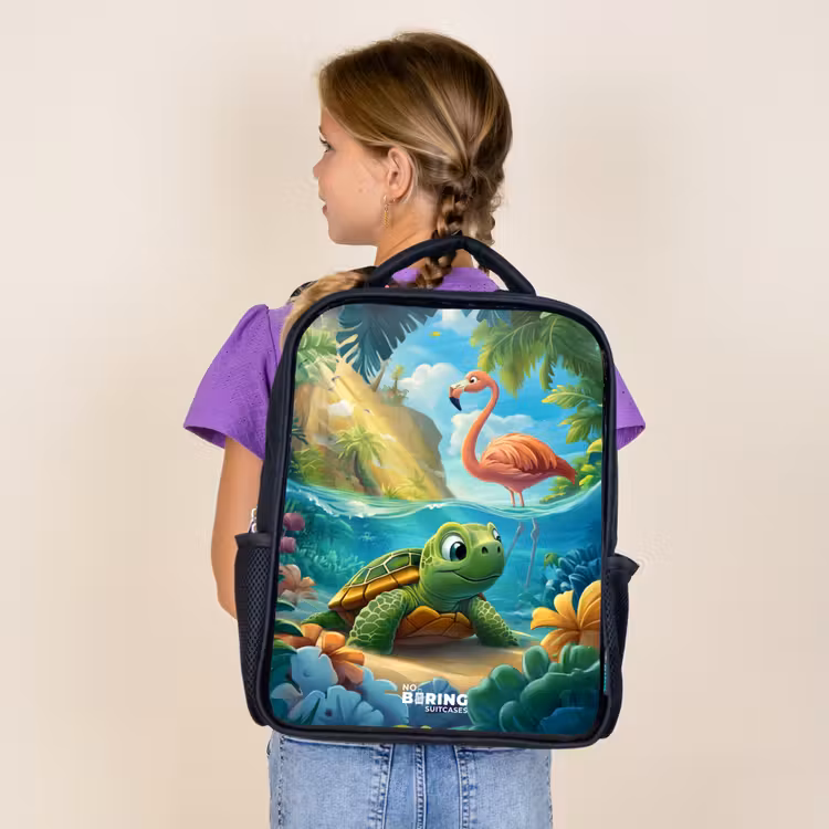 Kids backpack - Black - Turtle in tropical water with flamingo — 4