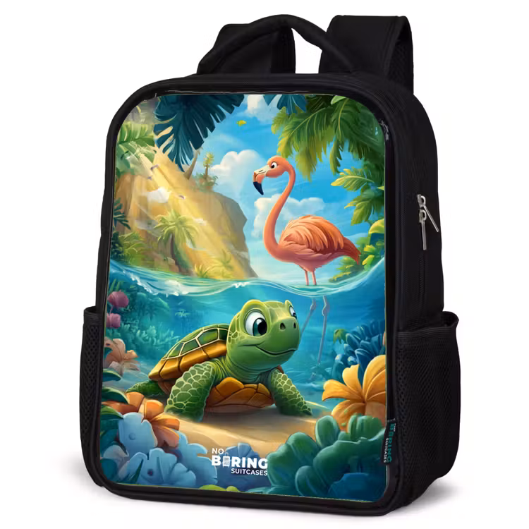 Kids backpack - Black - Turtle in tropical water with flamingo — 6