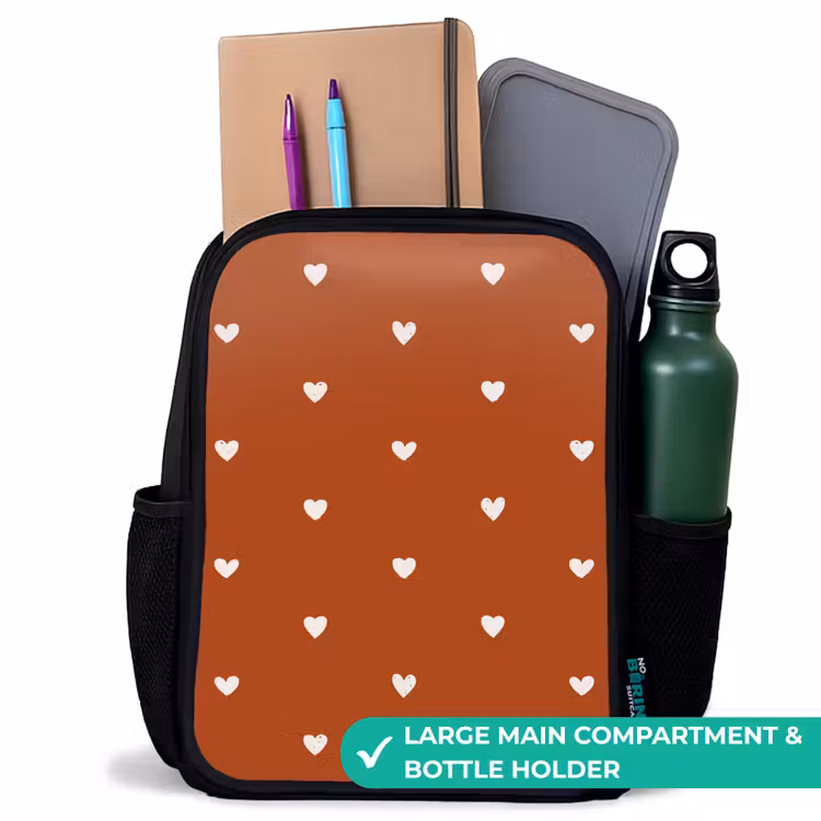 Kids backpack - Black - White heart pattern on orange brown background — 10