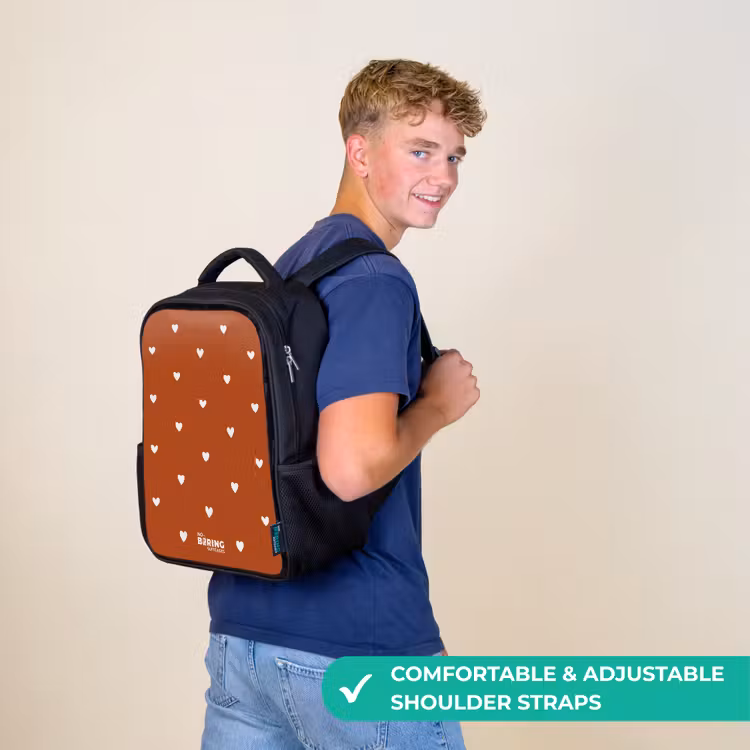Kids backpack - Black - White heart pattern on orange brown background — 11
