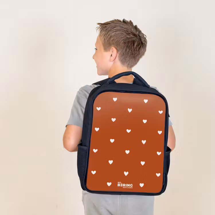 Kids backpack - Black - White heart pattern on orange brown background — 2